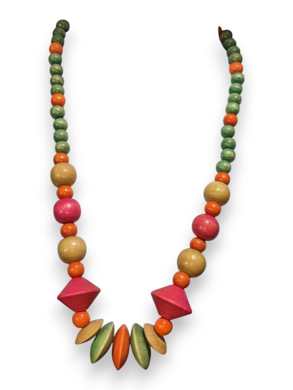 Vintage Boho Wood Multicolor Beaded Necklace 24 Inch